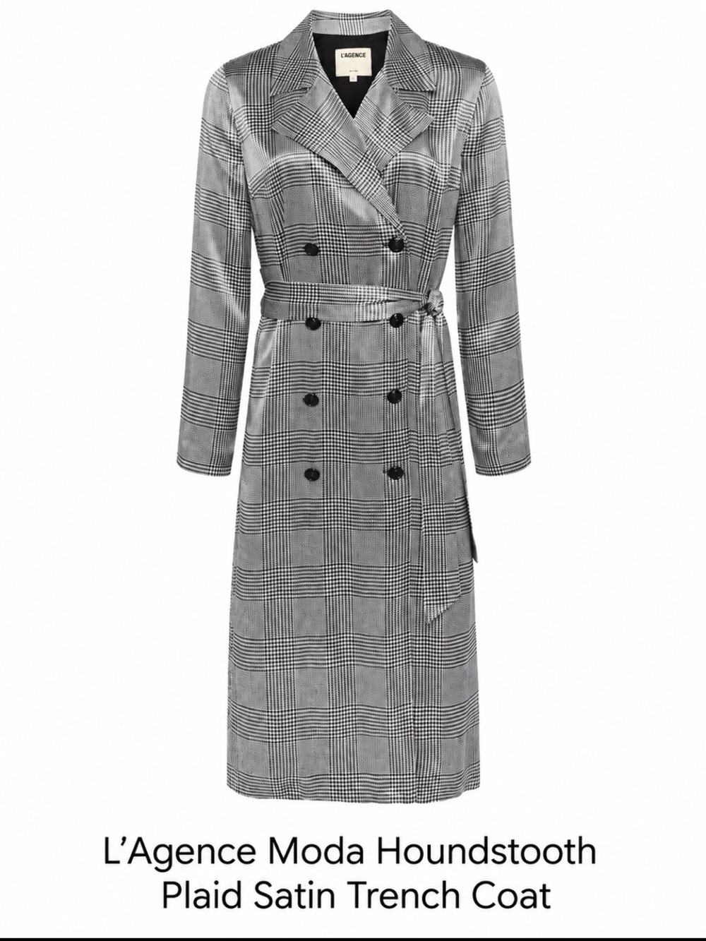 L’AGENCE Moda Houndstooth Plaid Satin Trench Coat Black White NWT Large
